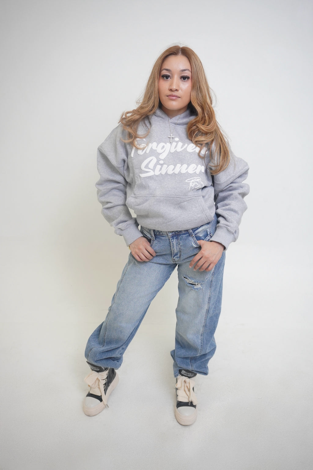 FORGIVEN SINNER HOODIE (GREY/WHITE)